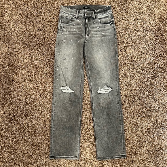 Express High Waisted Ripped Pearl Embellishment Modern Straight Jeans - Picture 4 of 16